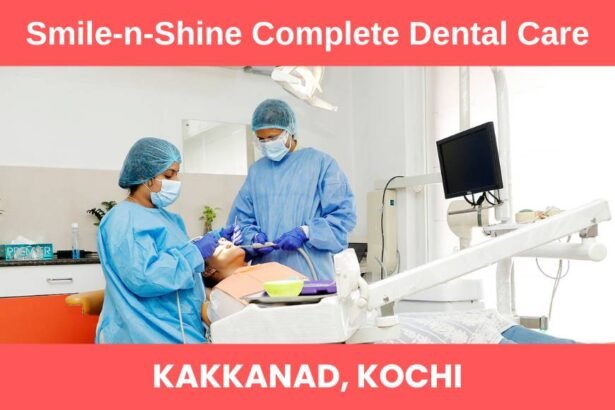 Two dental professionals in blue gowns and masks treating a patient in a modern dental clinic at Smile-n-Shine Complete Dental Care in Kakkanad, Koch